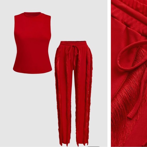 Fashion nova flamingo, black fringe draw string pants with sleeveless top - Picture 4 of 6